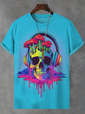 Men's Colorful Skull Wearing Headphones Dark Art Print Casual T-Shirt