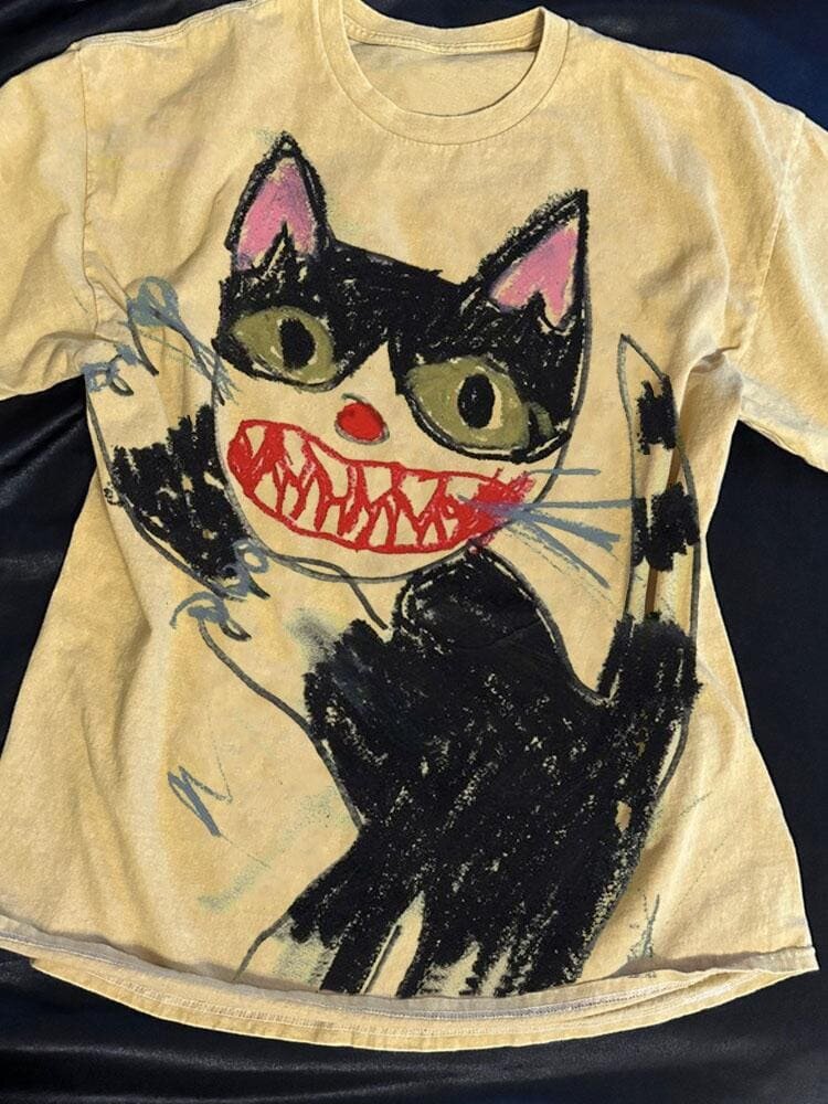 Men's Horror Cat Crayon Art Print Casual T-Shirt