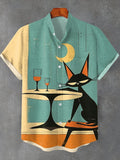Men's Retro Night Drunk Cat Contrast Color Print Linen Blend Shirt