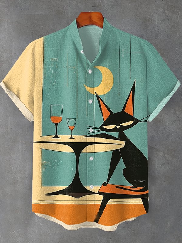 Men's Retro Night Drunk Cat Contrast Color Print Linen Blend Shirt