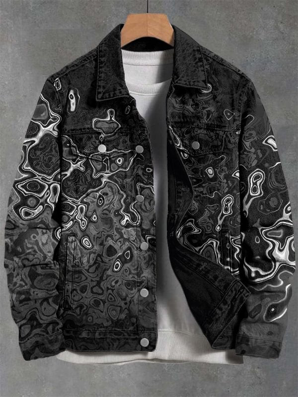 Men's Flame Splash Art Print Denim-Like Long Sleeve Shirt