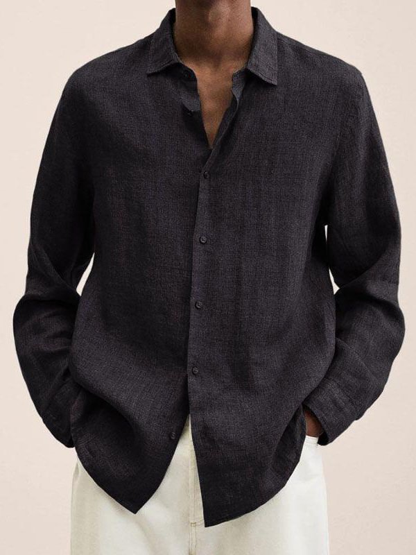 Men's Solid Turndown Collar Cotton And Linen Loose Shirt