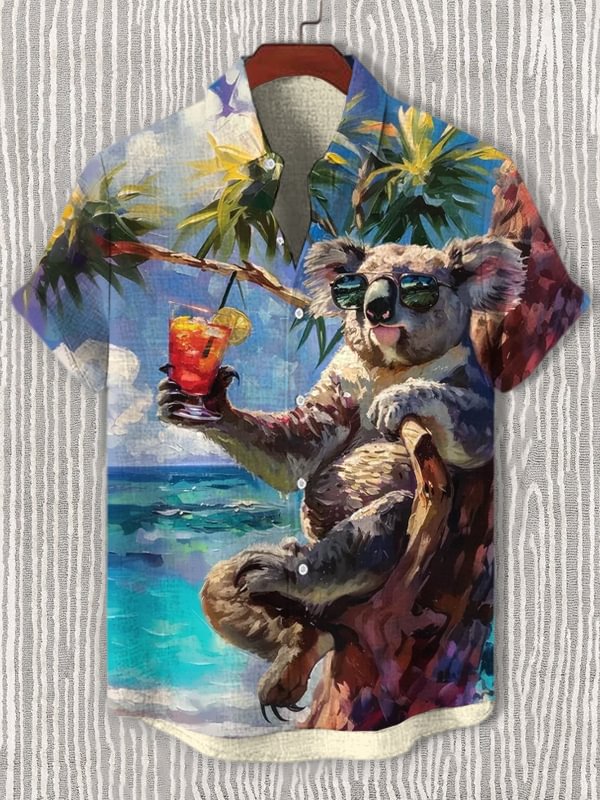 Men's Koala Drinking Cocktails In The Trees Tropical Art Print Shirt