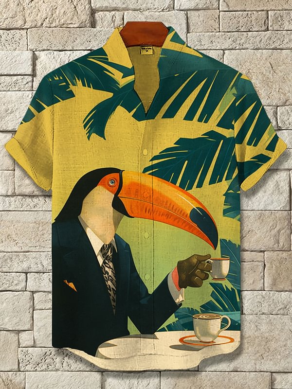Men's Tropical Toucan Drinking Coffee Art Print Casual Shirt