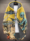 Men's Retro Alien Holding A Gun UFO Art Print Hooded Trench Coat