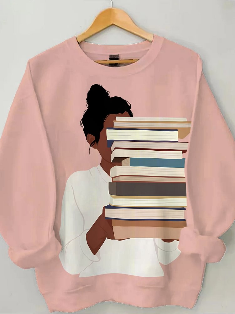 Women's Reading Lover Illustration Print Cotton Long Sleeve T-Shirt Thin Sweatshirt