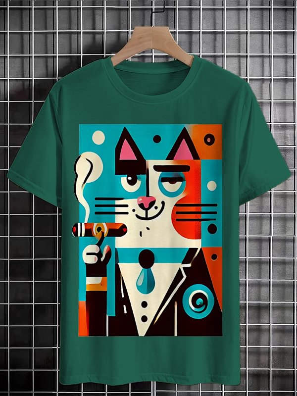Men's Cat Smoking Cigar Art Print Cotton Casual T-Shirt