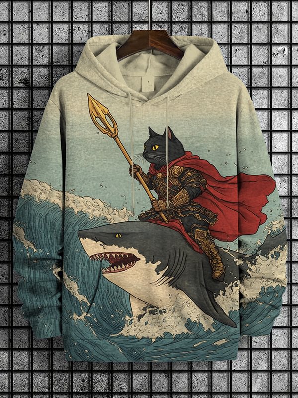 Men's Sea Warrior Cat And Shark Print Hooded Sweatshirt