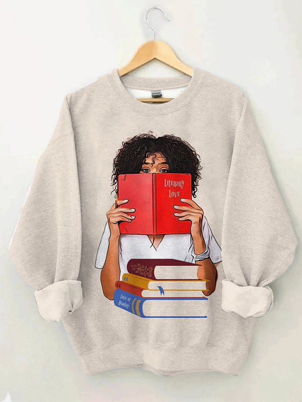 Women's Black Woman Book Lover Art Print Casual Sweatshirt