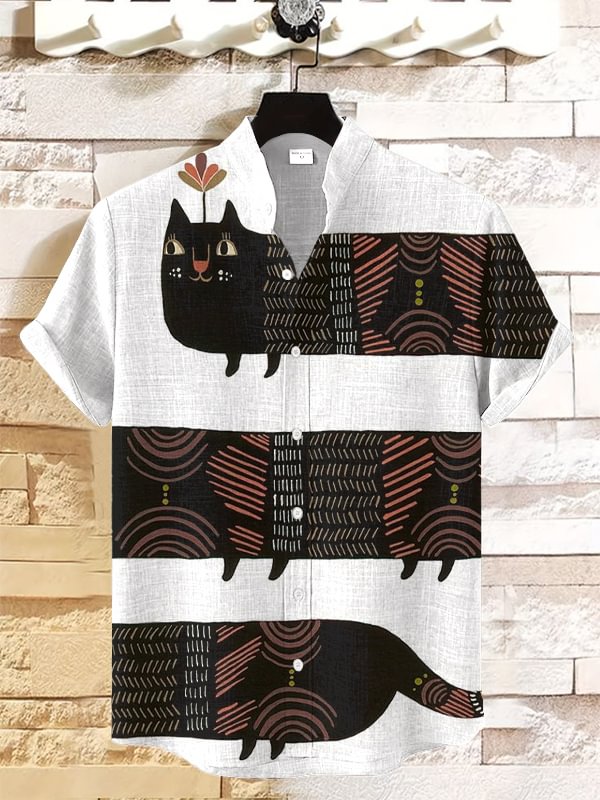Men's Black Cat Geometric Pattern Fun Art Print Casual Shirt