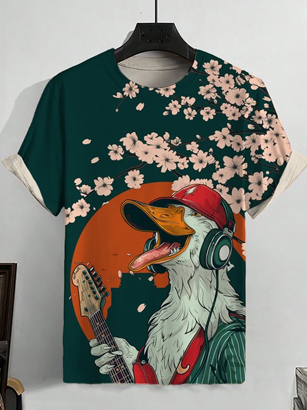 Men's Duck Music Cherry Blossom Japanese Art Print Casual T-Shirt