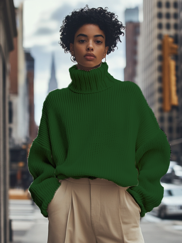 Women's Solid Color High Neck Knit Sweatshirt