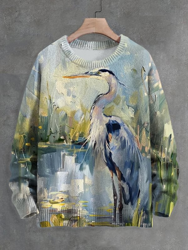 Men's Blue Heron Bird Oil Painting Print Knit Sweatshirt