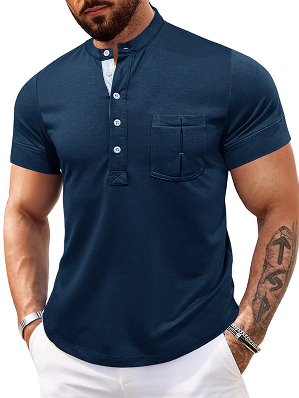Men's Casual Plain Quilted Pocket Half Button Stand Collar Polo Shirt