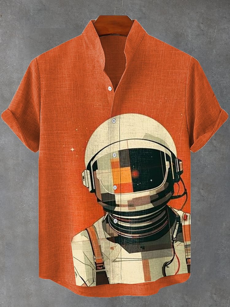 Men's Retro Funny Astronaut Art Print Linen Blend Shirt