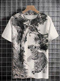 Men's Chinese Ink Painting Pine Tree Tiger Print Casual T-Shirt