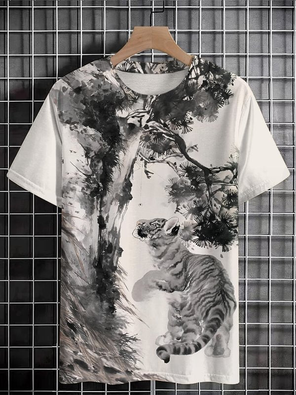 Men's Chinese Ink Painting Pine Tree Tiger Print Casual T-Shirt