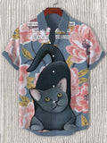 Men's Cherry Blossoms Smiling Cat Art Print Short Sleeve Shirt