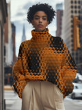 Women's Abstract Art Geometric Pattern Print High Neck Knit Sweatshirt