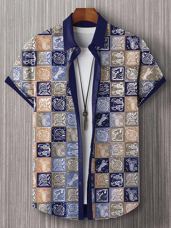 Men's African Abstract Totem Geometric Patchwork Art Print Shirt