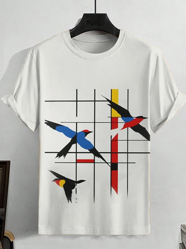 Men's Mondrian Style Flying Birds Art Print Cotton Casual T-Shirt
