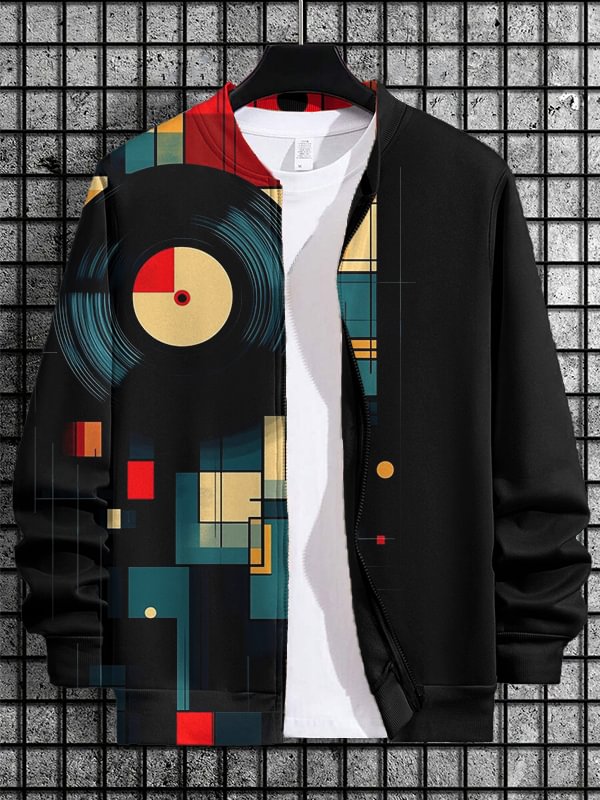 Men's Retro Vinyl Record Geometric Abstract Print Casual Zip Up Jacket