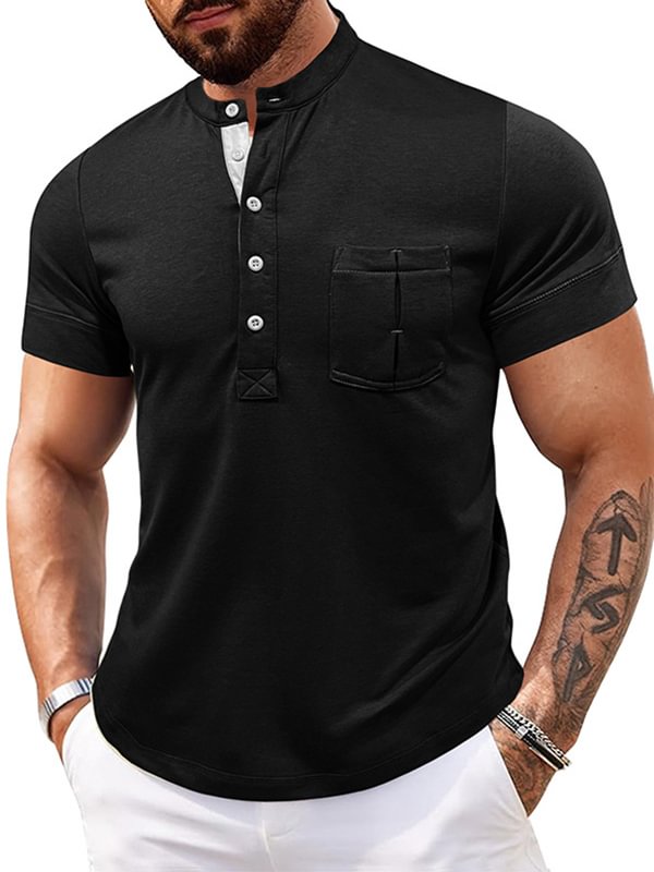 Men's Casual Plain Quilted Pocket Half Button Stand Collar Polo Shirt