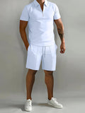 Men's Casual Half Zipper Polo Shirt Drawstring Shorts Two-Piece Set