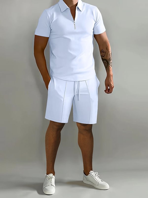 Men's Casual Half Zipper Polo Shirt Drawstring Shorts Two-Piece Set