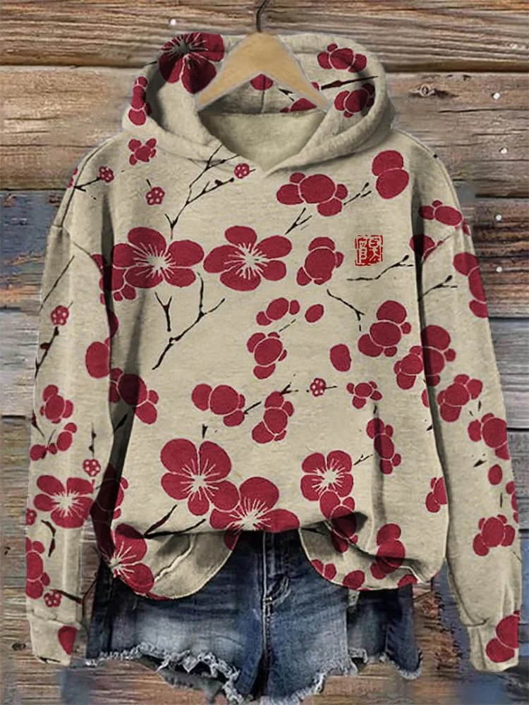 Women's Vintage Cherry Blossoms Graphic Print Hooded Sweatshirt