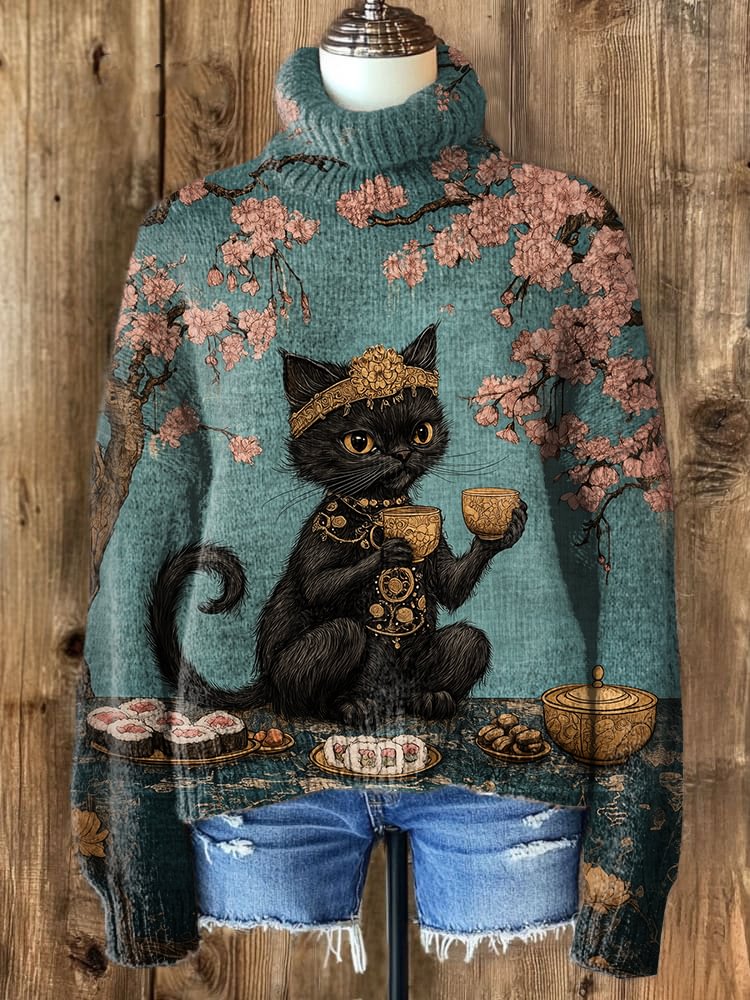 Women's Sakura Black Cat Sushi Tea Art Print High Neck Knit Sweatshirt