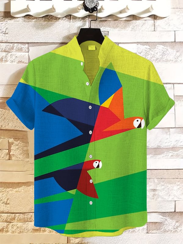 Men's Parrots Color Block Abstract Art Print Short Sleeve Shirt