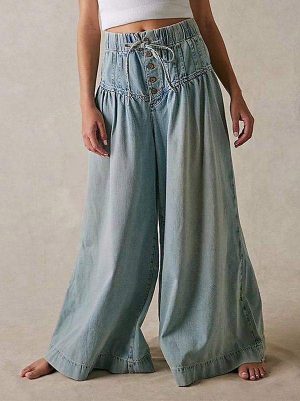 Women's Casual Elastic Drawstring Waist Buttons Loose Fit Wide-Leg Jeans