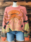 Women's Octopus UFO Black Cat Sci-Fi Art Print Knit Sweatshirt