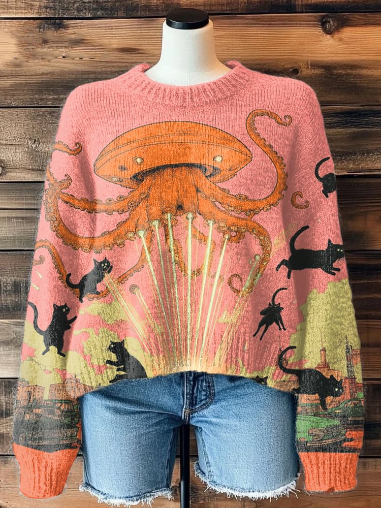 Women's Octopus UFO Black Cat Sci-Fi Art Print Knit Sweatshirt