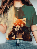 Women's Gentleman Mr. Fox Drinking Coffee Art Print Casual T-Shirt