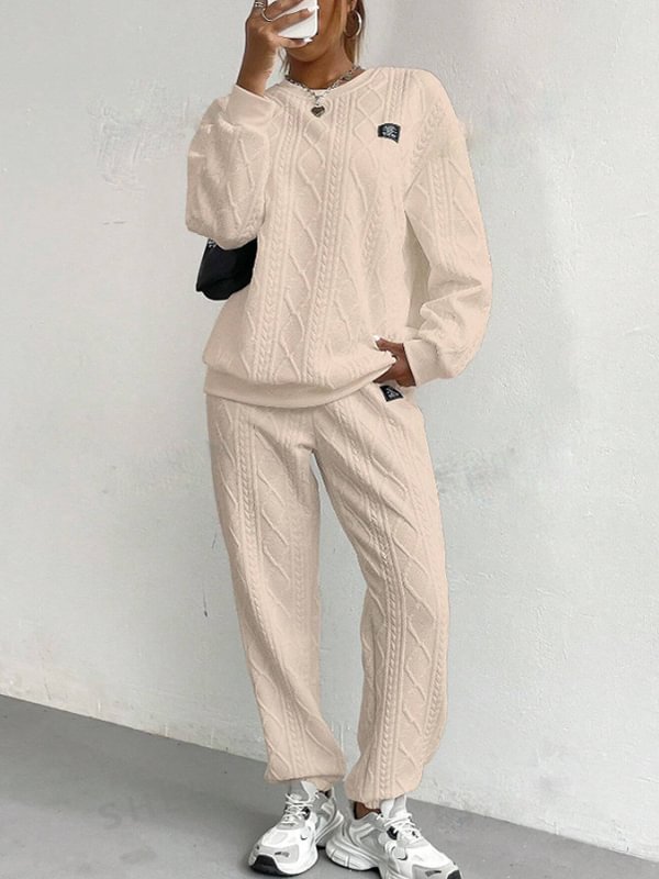 Women's Casual Solid Jacquard Textured Long Sleeve Sweatshirt Pants Matching Set