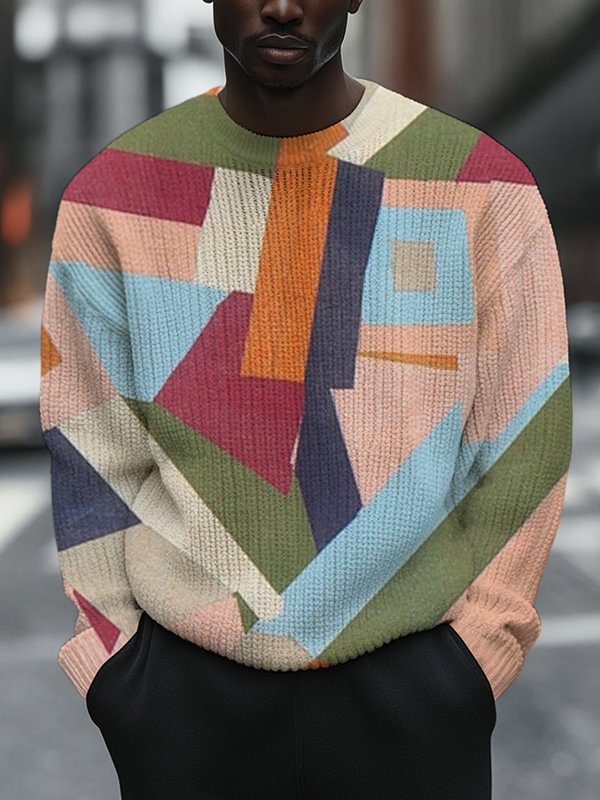 Men's Color Block Geometric Art Print Knit Sweatshirt