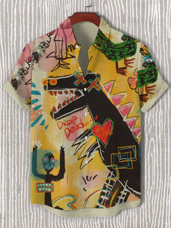 Men's Cartoon Doodle Dinosaur Alien Art Painting Print Short Sleeve Shirt