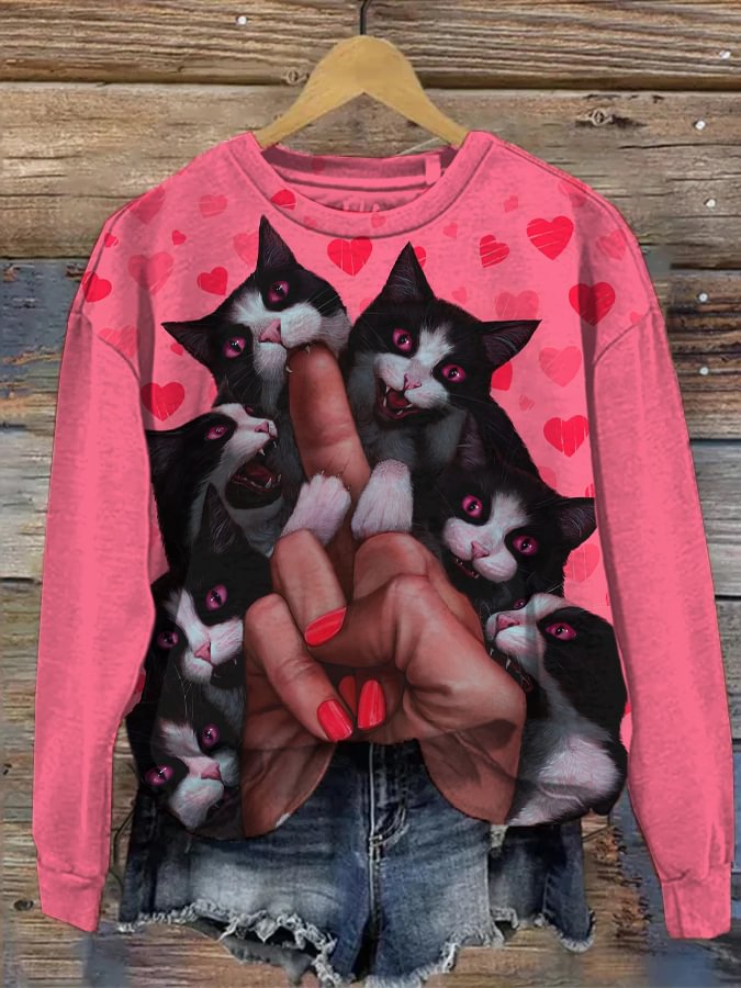 Women's Cat Biting Fingers Art Print Cozy Sweatshirt