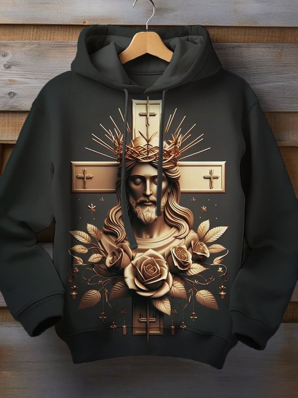 Men's Jesus Cross Floral Embossment Print Hooded Sweatshirt