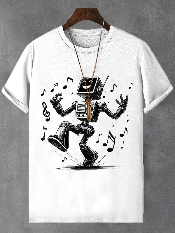 Men's Happy Singing Robot Print Cotton Casual T-Shirt