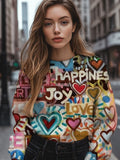 Women's Happiness Joy Love Fun Graffiti Art Print Knit Sweatshirt