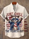 Men's Just Chill The Fourth Out Fun Patriotic Raccoon Print Linen Blend Shirt