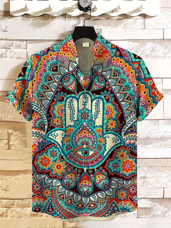 Men's Hamsa Hand Multicolor Print Short Sleeve Linen Blend Shirt