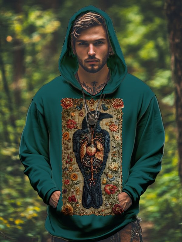 Men's Vintage Flowers Dark Art Raven Print Casual Hoodie