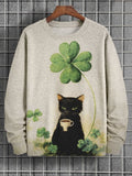 Men's Black Cat Coffee Clover St. Patrick's Day Print Casual Sweatshirt