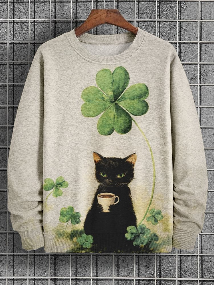 Men's Black Cat Coffee Clover St. Patrick's Day Print Casual Sweatshirt