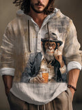 Men's Vintage Monkey Gentleman Drinking Oil Painting Print Hooded Shirt