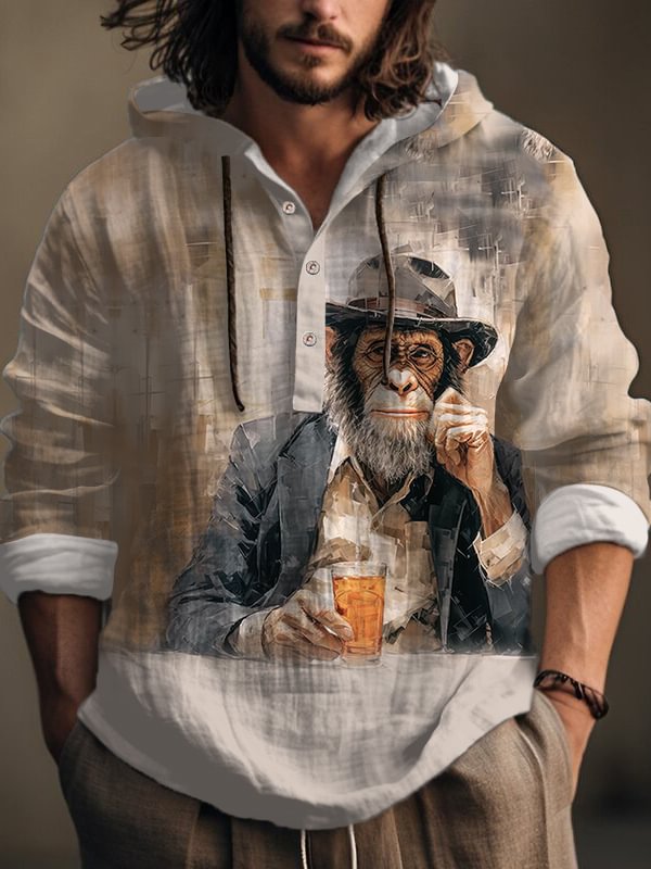 Men's Vintage Monkey Gentleman Drinking Oil Painting Print Hooded Shirt